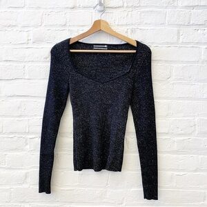 Anthropologie || Metallic Sweetheart Neck Ribbed Sweater Black Gold Small